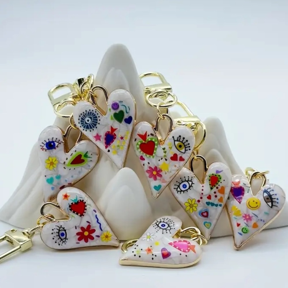 Colorful Heart Bag Charm Keychains with Gold Accents - Picture 2 of 4